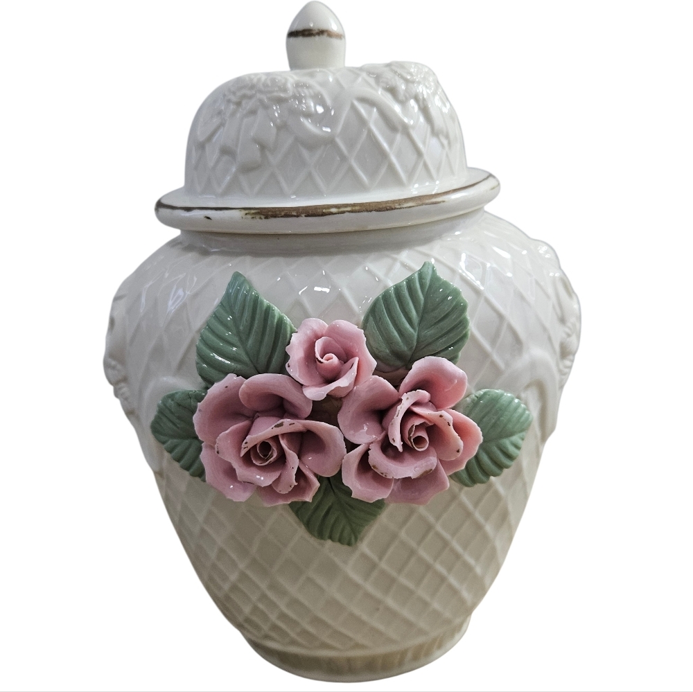 Vintage Ginger Jar with Lid Cream Lattice Pattern Raised Roses